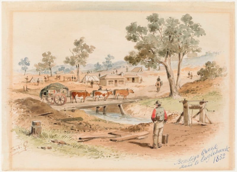 A team of six bullock pull a wagon across a crude wooden bridge, Bendigo 1850s