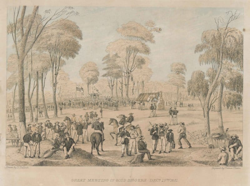 Shows a meeting of gold diggers on the Mt. Alexander Goldfields, near Bendigo.